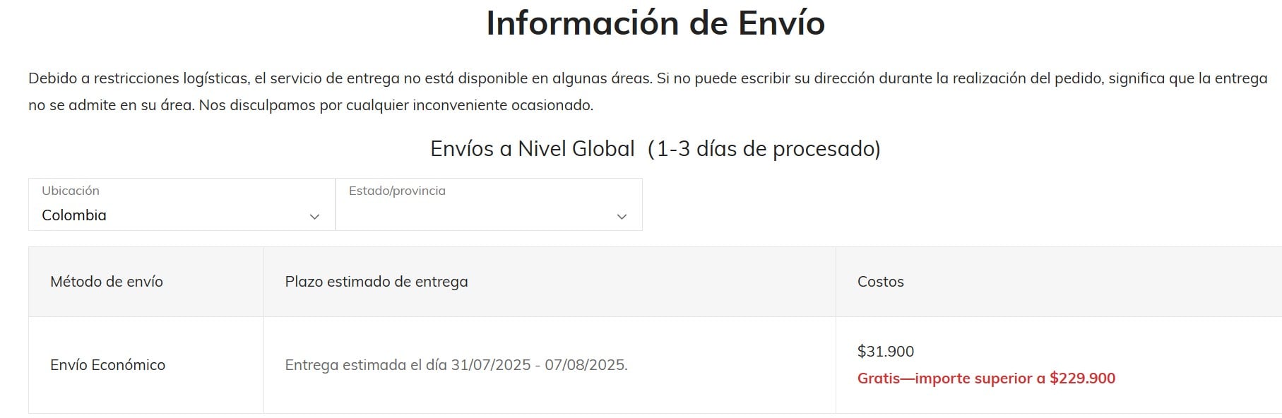 Tiempos de entrega para Shein Colombia.