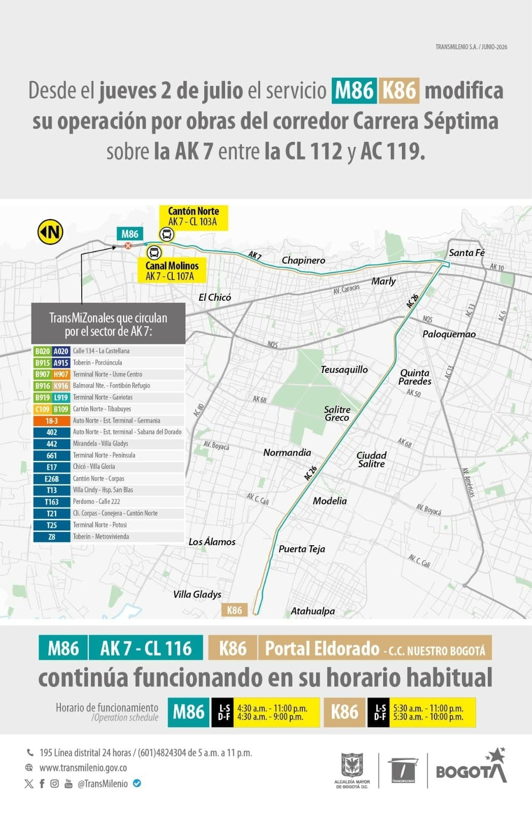 Cambios en la ruta MK86 de TransMilenio por obras en la carrera Séptima