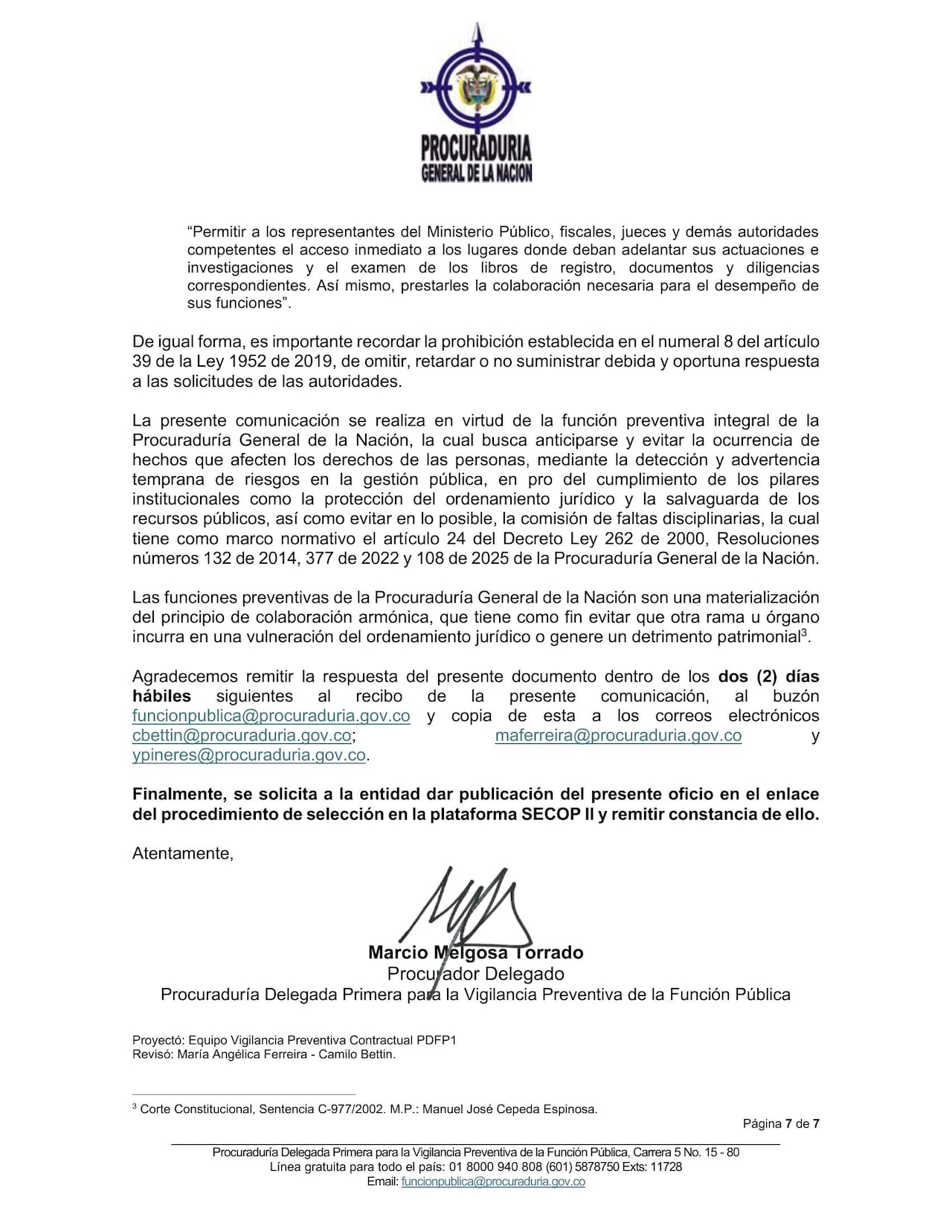 La carta de la Procuraduría sobre las presuntas irregularidades en el concurso de notarios
