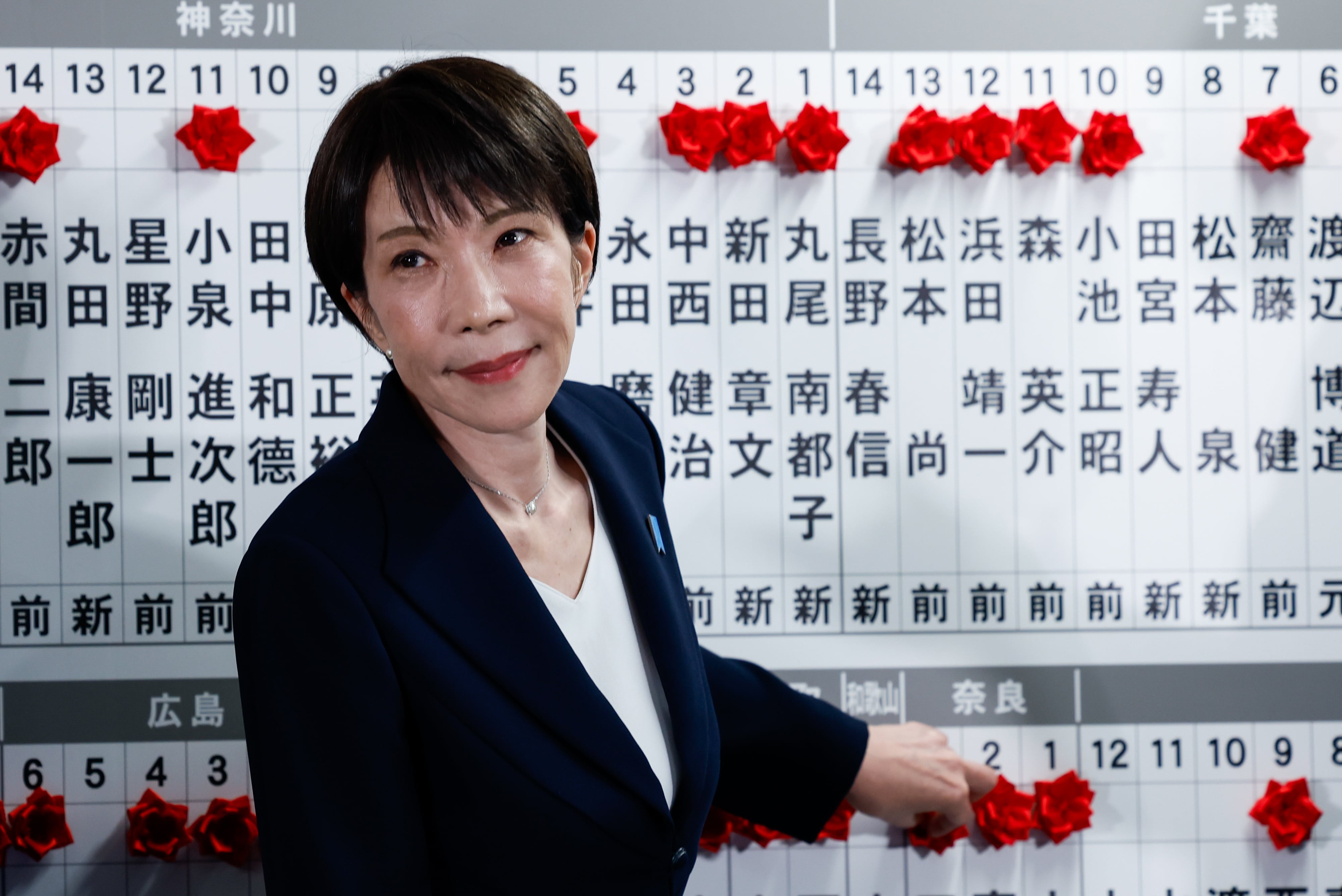Sanae Takaichi, primera ministra de Japón y presidenta del gobernante Partido Liberal Democrático (PLD), coloca alfileres con los nombres de los candidatos que ganaron las elecciones a la Cámara Baja, en la sede del PLD.