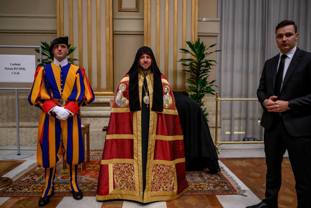 VATICAN CITY, VATICAN - DECEMBER 7: Newly-appointed Ukrainian cardinal Mykola Bychok poses during the courtesy visits to the New Cardinals at the Apostolic Palace, on December 7, 2024 in Vatican City, Vatican. Pope Francis celebrated a consistory for the creation of new cardinals telling them not to be dazzled by the seduction of power, but to always walk the path of Jesus and cultivate a passion for encounter. (Photo by Antonio Masiello/Getty Images)