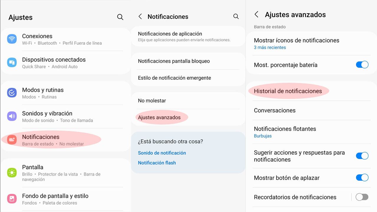 Historial de notificaciones en un teléfono Android.