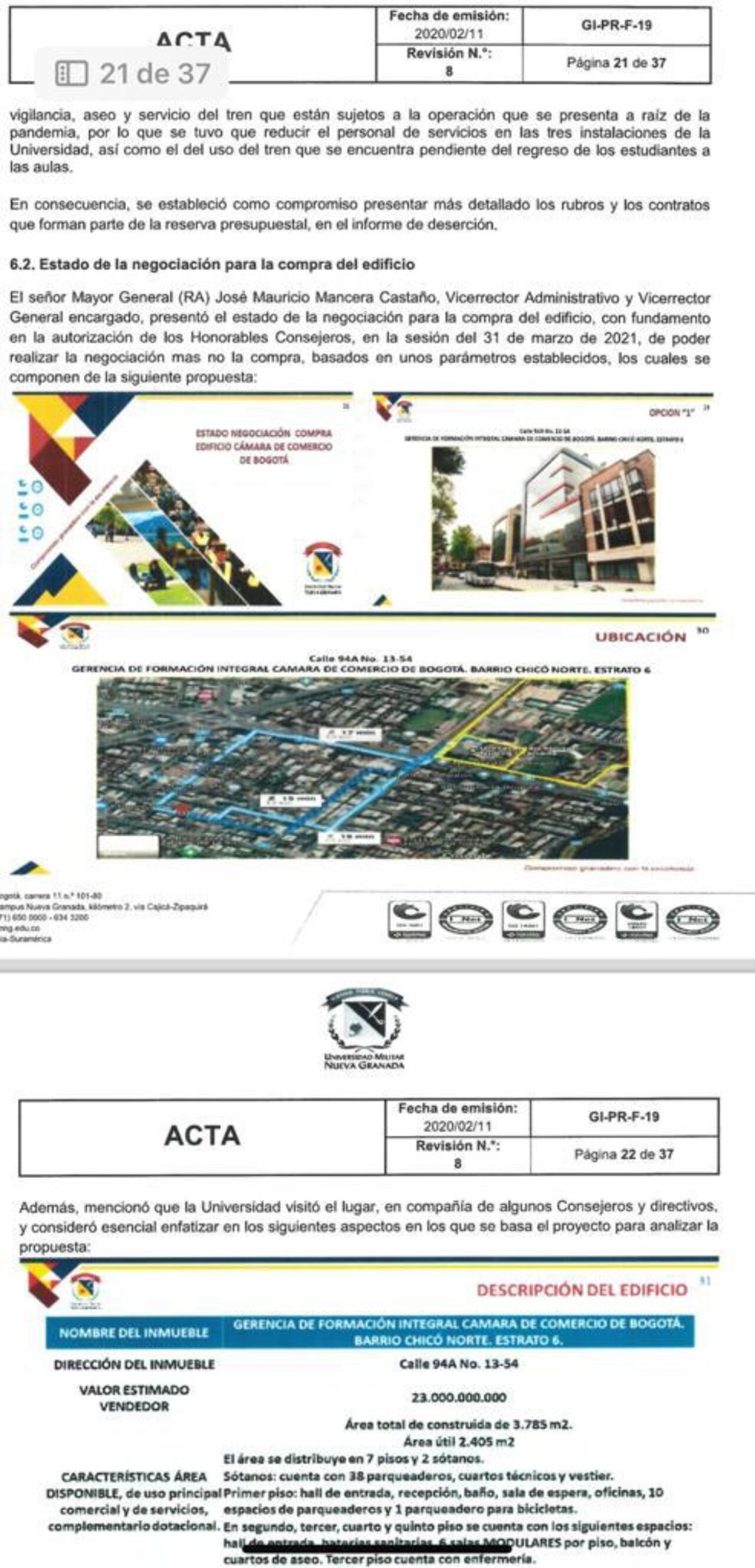 Acta donde le informan al general Luis Ospina, comandante del Ejército sobre los avances en las negociaciones para la compra de un edificio para la Universidad Militar.
