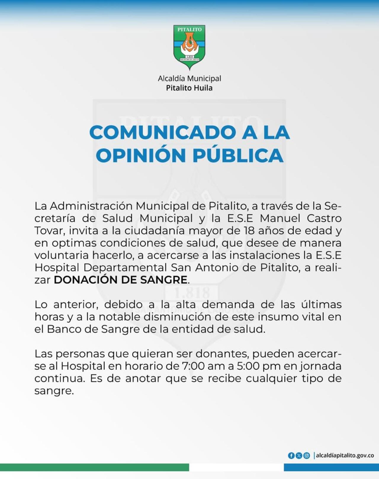 Piden donantes de sangre en Huila.