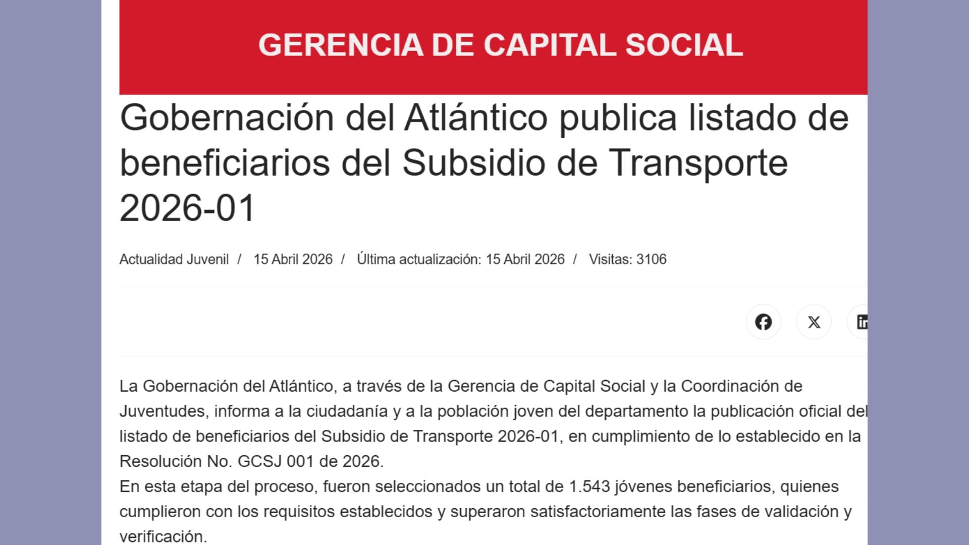 La Gobernación del Atlántico publicó el listado oficial de 1.543 beneficiarios del subsidio de transporte universitario para el primer semestre de 2026.