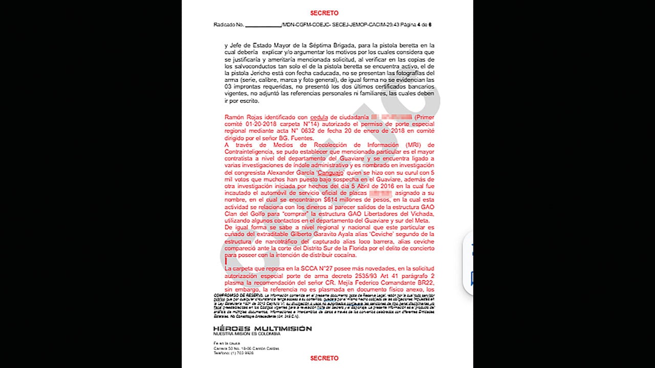 Este es el documento de contrainteligencia militar que investigaba presuntas irregularidades en la expedición de permisos de porte de armas. Ahí aparece Mejía.