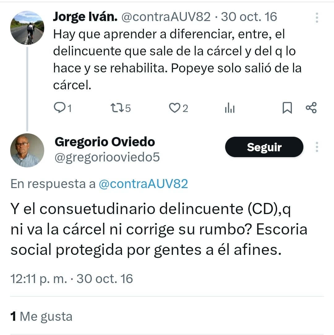 Gregorio Oviedo, esposo de Amelia Pérez, publicó mensajes contra el expresidente Álvaro Uribe.