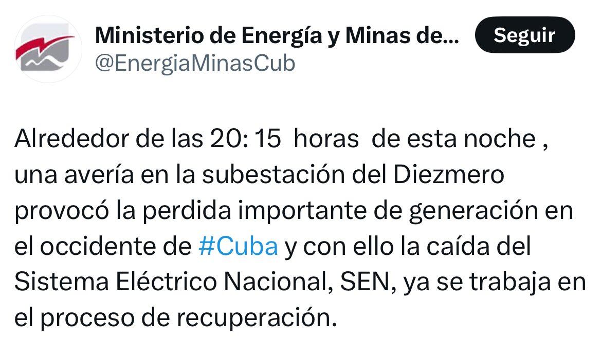 Mensaje emitido por el Ministerio de Energía