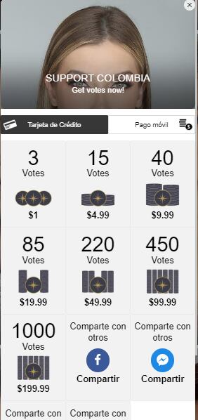 Aquí se podrá elegir el paquete de votos y al poner la información de pago le ayudará a la colombiana en su triunfo. Foto: missuniverse.chicely.com