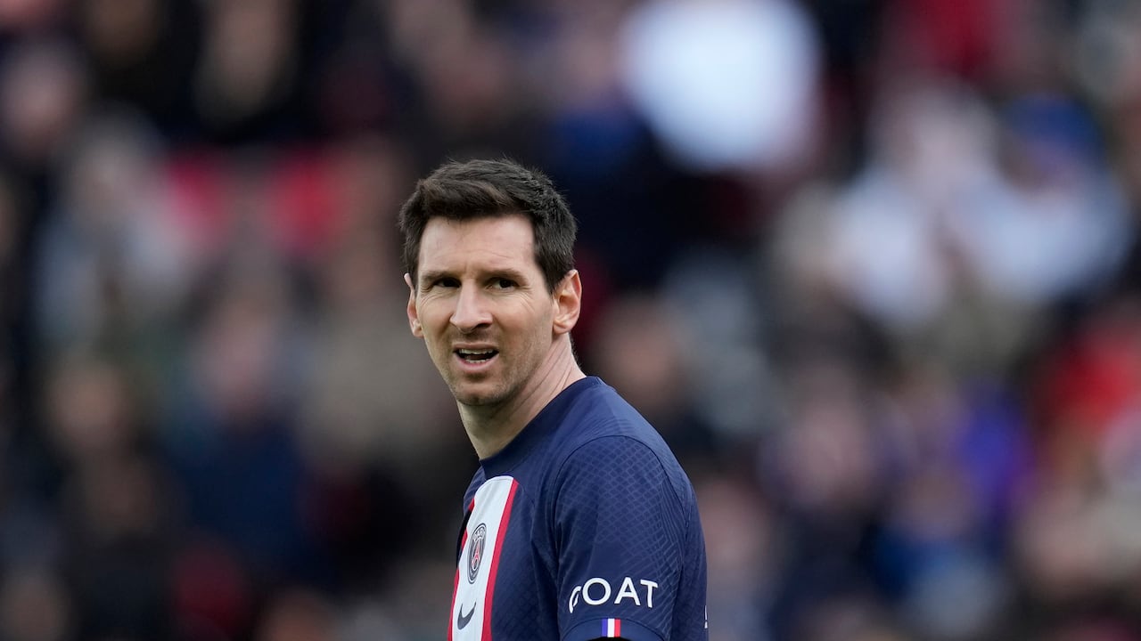 PSG's Lionel Messi reacts during the French League One soccer match between Paris Saint-Germain and Lille at the Parc des Princes stadium, in Paris, France, Sunday, Feb. 19, 2023. (AP Photo/Christophe Ena)