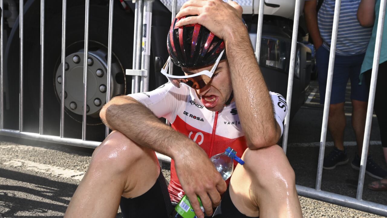 Benjamin Thomas of France, who broke away and got caught by the pack in the last kilometer of the race, reacts after crossing the finish line of the fifteenth stage of the Tour de France cycling race over 202.5 kilometers (125.5 miles) with start in Rodez and finish in Carcassonne, France, Sunday, July 17, 2022. (AP/Tim De Waele/Pool )