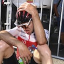 Benjamin Thomas of France, who broke away and got caught by the pack in the last kilometer of the race, reacts after crossing the finish line of the fifteenth stage of the Tour de France cycling race over 202.5 kilometers (125.5 miles) with start in Rodez and finish in Carcassonne, France, Sunday, July 17, 2022. (Tim De Waele/Pool Photo via AP)