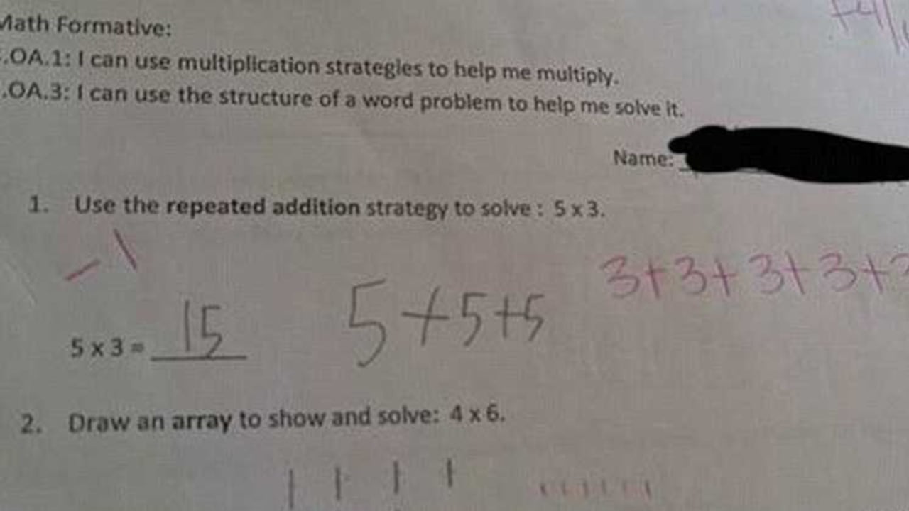 El enunciado del ejercicio decía: "Utiliza la estrategia de suma repetida para resolver 5x3".