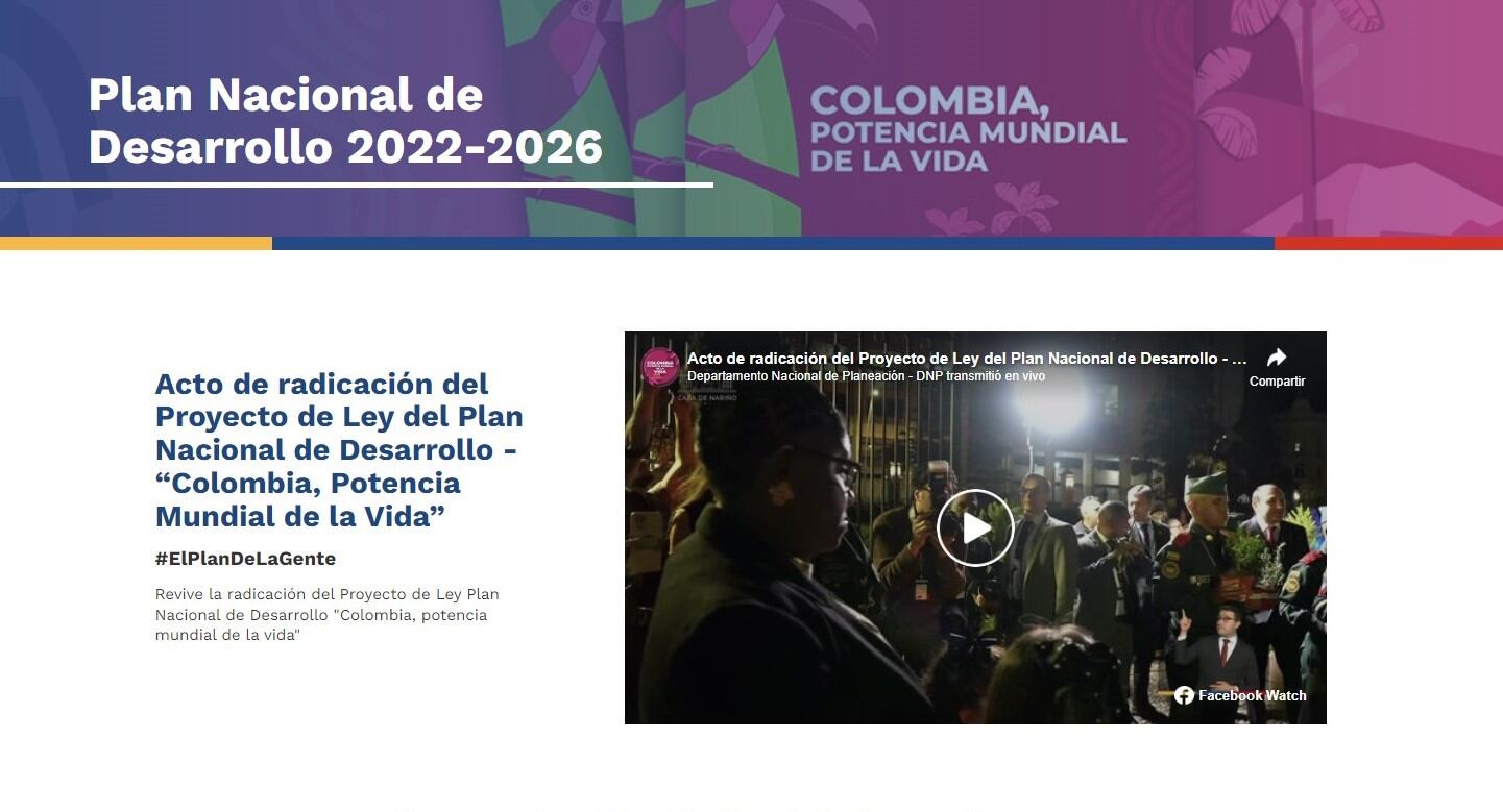 Pantallazo del portal habilitado por el DNP para consultar el proyecto de ley del Plan Nacional de Desarrollo.