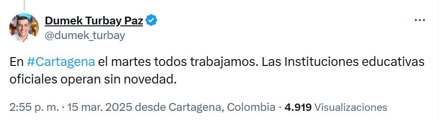 El alcalde de Cartagena, Dumek Turbay, se pronunció sobre el día cívico del 18 de marzo.