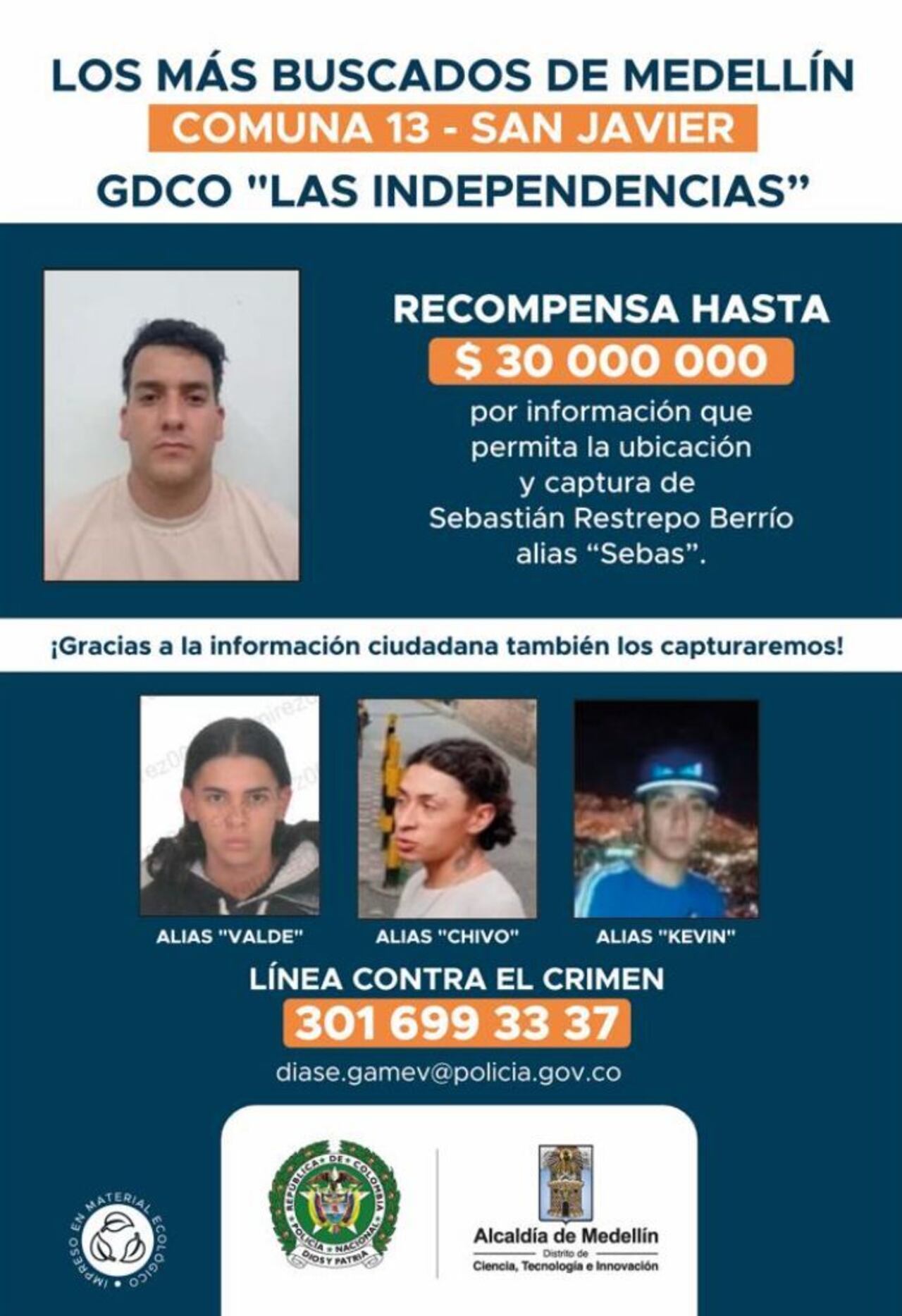 Con este volante buscan a alias 'Sebas', por quien la Alcaldía de Medellín ofrece $30 millones, y a otros presuntos delincuentes de la zona del grafitour en la comuna 13 de Medellín.
