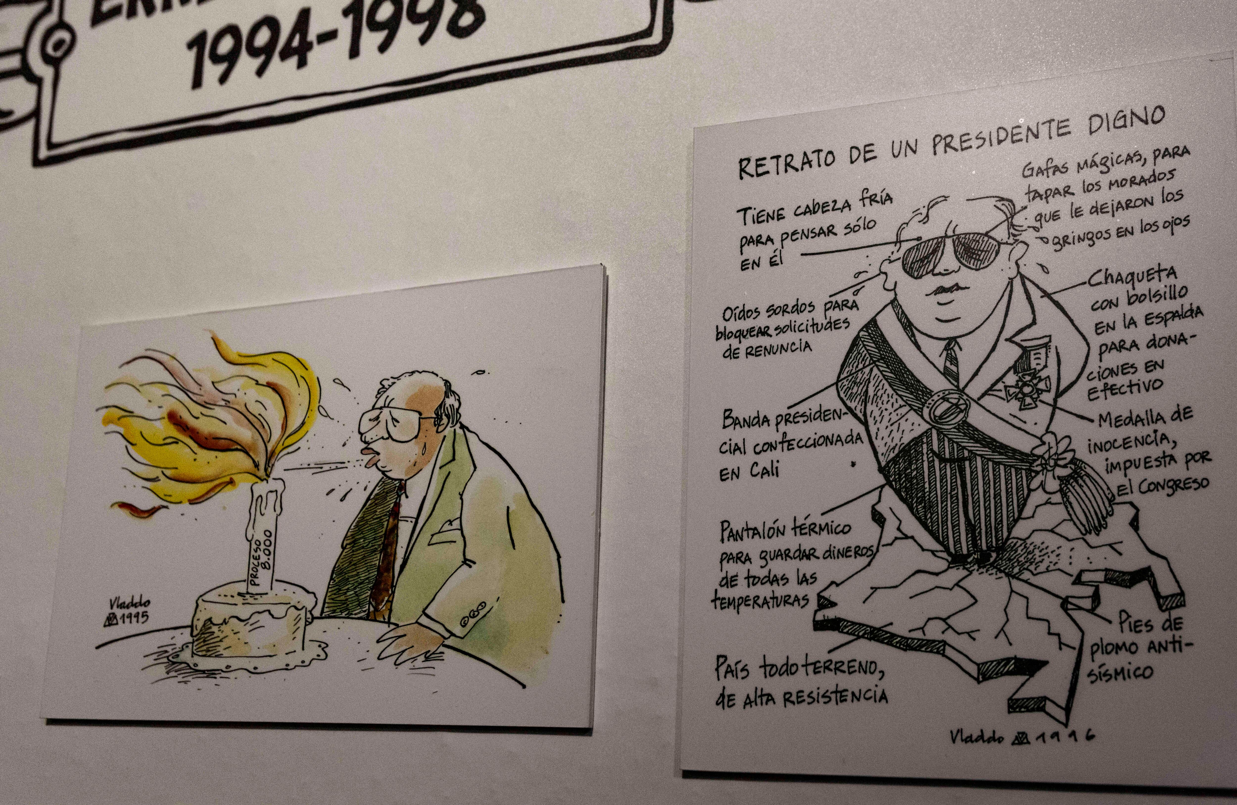 El expresidente Ernesto Samper retratado en caricaturas de Vladdo alusivas al Proceso 8000 y su presidencia. FOTO: Mauricio Flórez