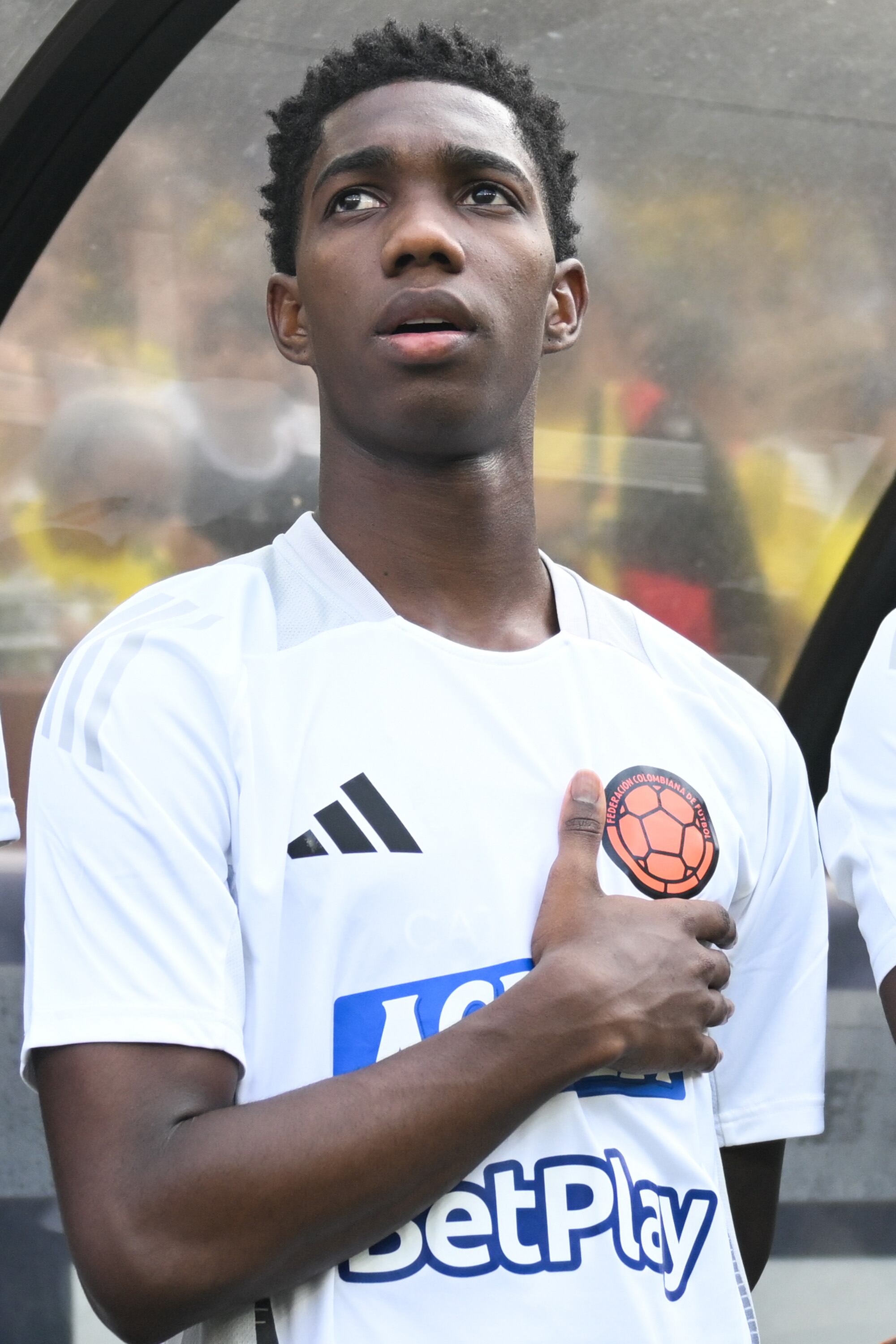 LANDOVER, MARYLAND - JUNE 8: Yaser Asprilla #22 of Colombia stands for the national anthem before the match between Colombia and USMNT at Commanders Field on June 8, 2024 in Landover, Maryland. (Photo by Stephen Nadler/ISI Photos/Getty Images)