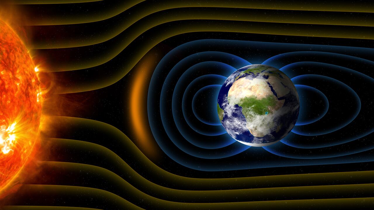 Magnetosfera o campo magnético alrededor de la Tierra. El campo geomagnético es el campo magnético que se extiende desde el interior de la Tierra hacia el espacio.