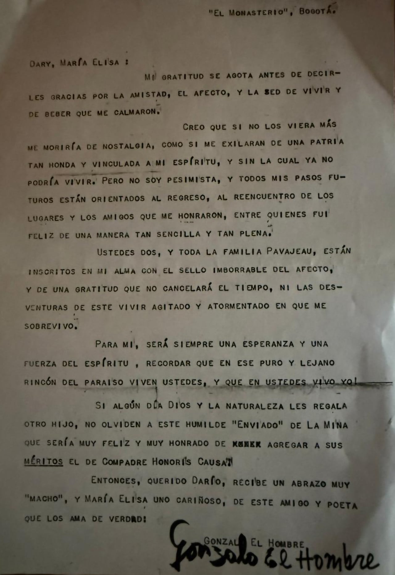 Imagen de la carta de Gonzalo Arango.