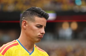 VANCOUVER, CANADA - JULY 07: James Rodriguez #10 of Colombia shows dejection after their defeat through the penalty shootout after the FIFA World Cup 2026 Round of 16 match between Switzerland and Colombia at BC Place Vancouver on July 07, 2026 in Vancouver, British Columbia, Canada. (Photo by Alex Pantling - FIFA/FIFA via Getty Images)
