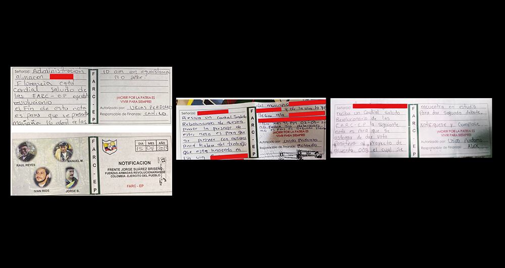    Estos son los paz y salvo que descaradamente las disidencias de Iván Mordisco entregaban a las víctimas de sus extorsiones en medio del cese al fuego. Las notas reposan en el informe de inteligencia que obtuvo SEMANA y en las que se documentan más de 90 acciones criminales de esta estructura desde el primero de enero a la fecha. 