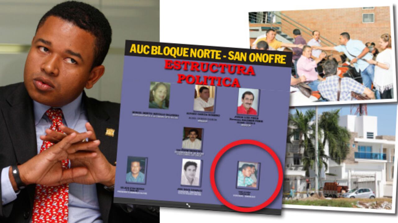 El congresista Yair Acuña aparece en este organigrama que tiene la Fiscalía desde 2002 como de la estructura política parte del Bloque Norte de las Auc. A la derecha abajo, el edificio de apartamentos donde vive Acuña, el mismo en que vivió cuando era gobernador su compadre y padrino político Salvador Arana, hoy condenado. Arriba, una reunión, el 13 de marzo pasado, en la que se decidió el destino de las regalías y en la que participó Acuña con alcaldes de Sucre.