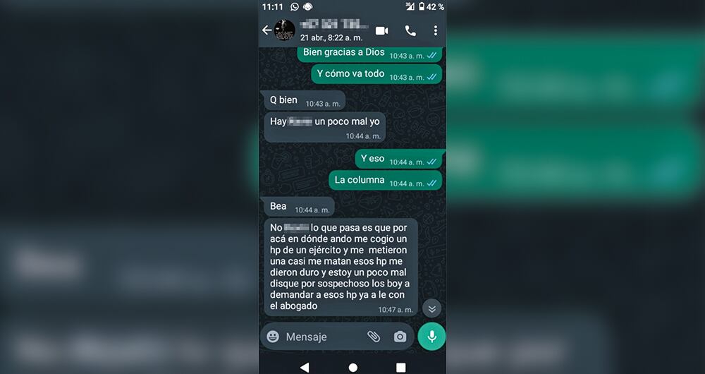   Jesús David Hurtado envió mensajes de audio y este chat en los que señaló que había sido torturado por el Ejército. Luego, apareció muerto.