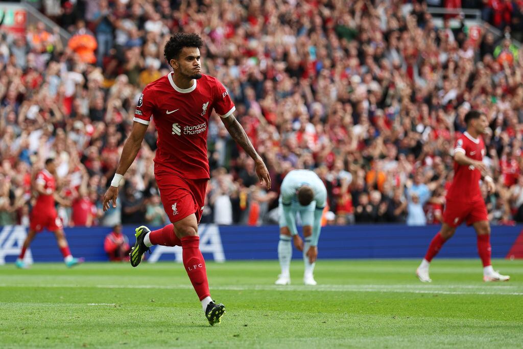 Luis Díaz celebrando su gol con Liverpool frente al Bournemouth.