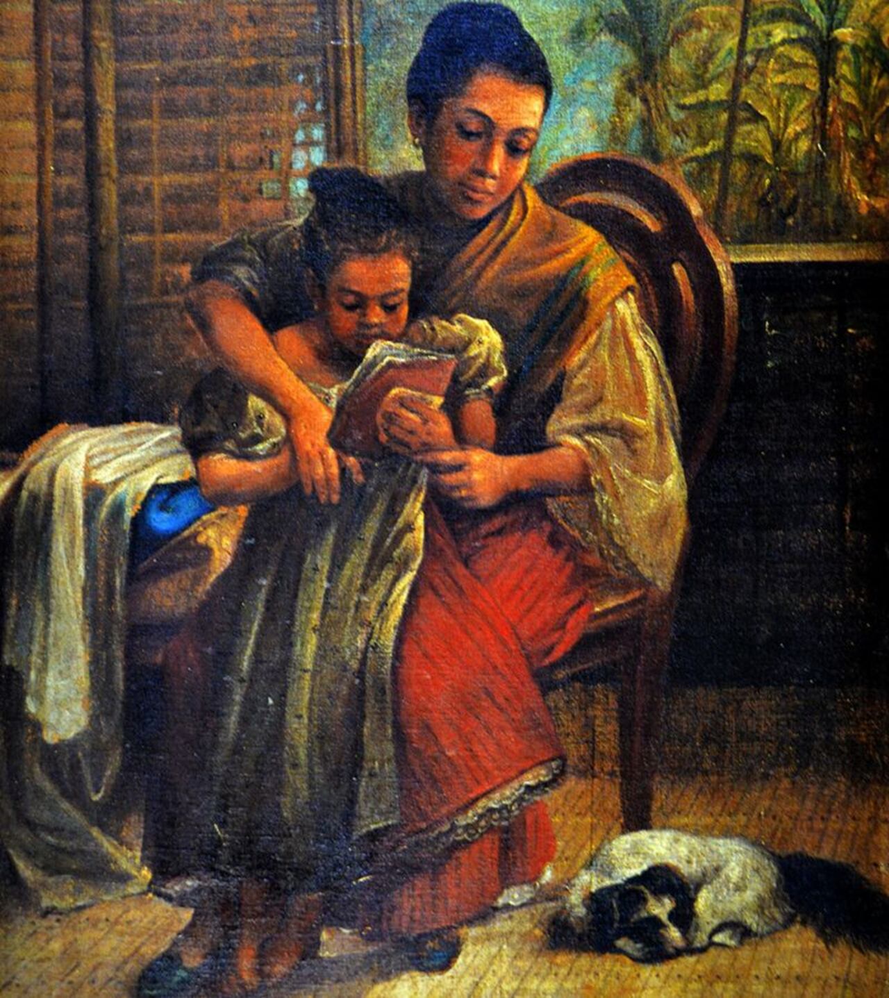 Este óleo del pintor filipino Simon Flores y de la Rosa lleva, como sus demás obras, su nombre en español: "Primeras Letras", 1890.