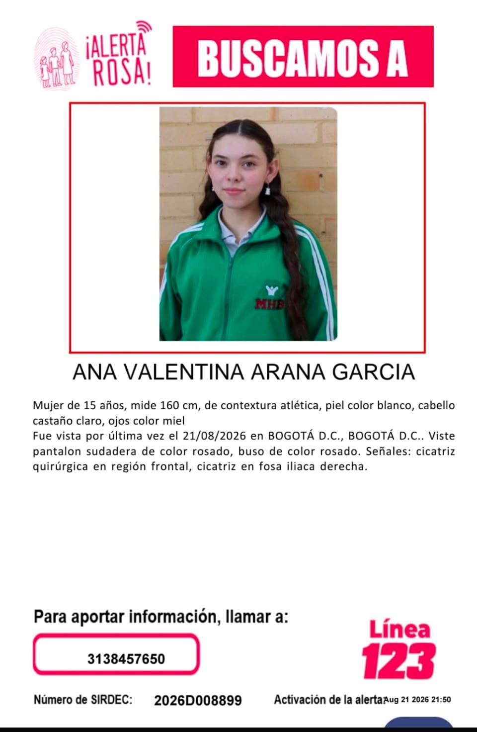 Alerta Rosa: Ana Valentina Arana desapareció en Bogota.