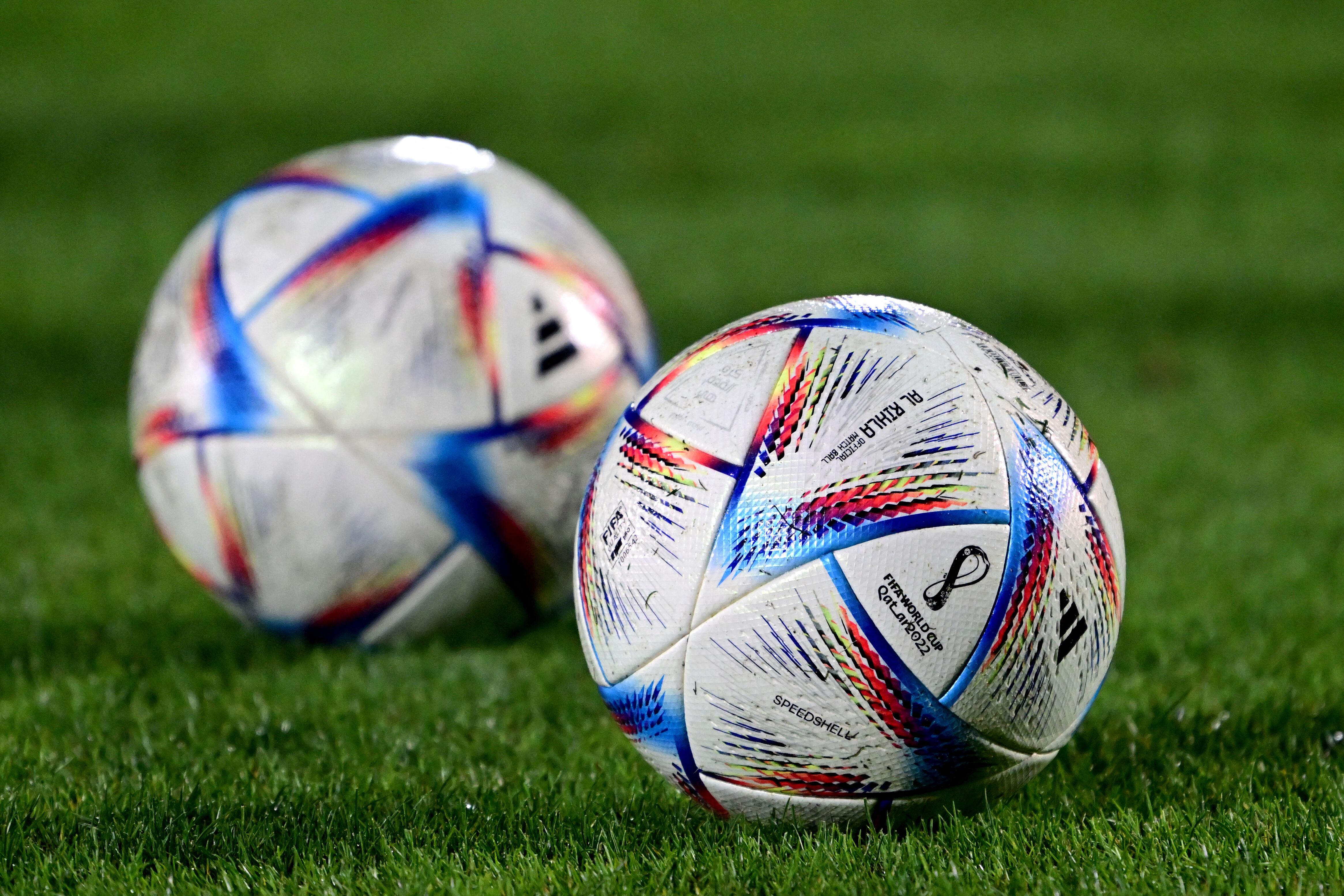 Qatar's 2022 World Cup official balls 'al Rihla' are pictured during a training session of Tunisia at Al Egla training facility in Doha on November 17, 2022 ahead of the Qatar 2022 World Cup football tournament. (Photo by MIGUEL MEDINA / AFP)
