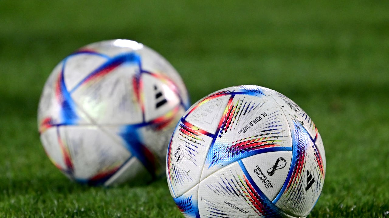Qatar's 2022 World Cup official balls 'al Rihla' are pictured during a training session of Tunisia at Al Egla training facility in Doha on November 17, 2022 ahead of the Qatar 2022 World Cup football tournament. (Photo by MIGUEL MEDINA / AFP)