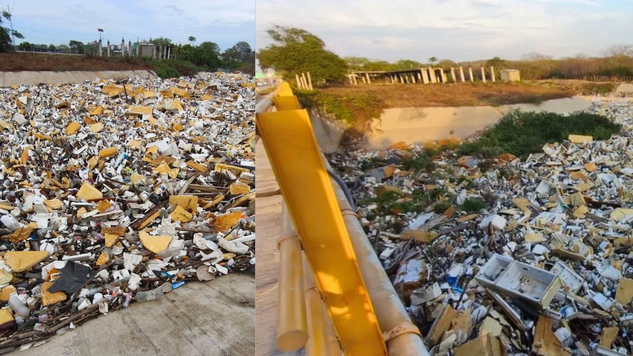 Residuos de neveras, espuma, enfriadores y plásticos quedaron acumulados en el arroyo León después de las lluvias en Barranquilla.
Título de foto: Basuras quedan atrapadas en el arroyo León.