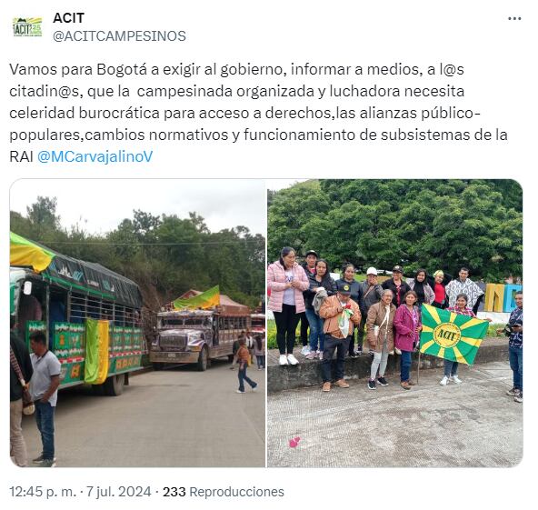 Asociación Campesina de Inzá Tierradentro informó a través de X que marcharía en Bogotá.