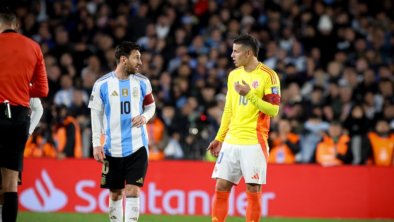 BUENOS AIRES, ARGENTINA - 2025/06/10: Lionel Messi of Argentina (L) and James Rodriguez of Colombia (R) reacts during the match between Argentina and Colombia as part of 2026 FIFA World Cup Qualifiers at Mas Monumental Stadium. Final score: Argentina 1 - 1 Colombia. (Photo by Roberto Tuero/SOPA Images/LightRocket via Getty Images)