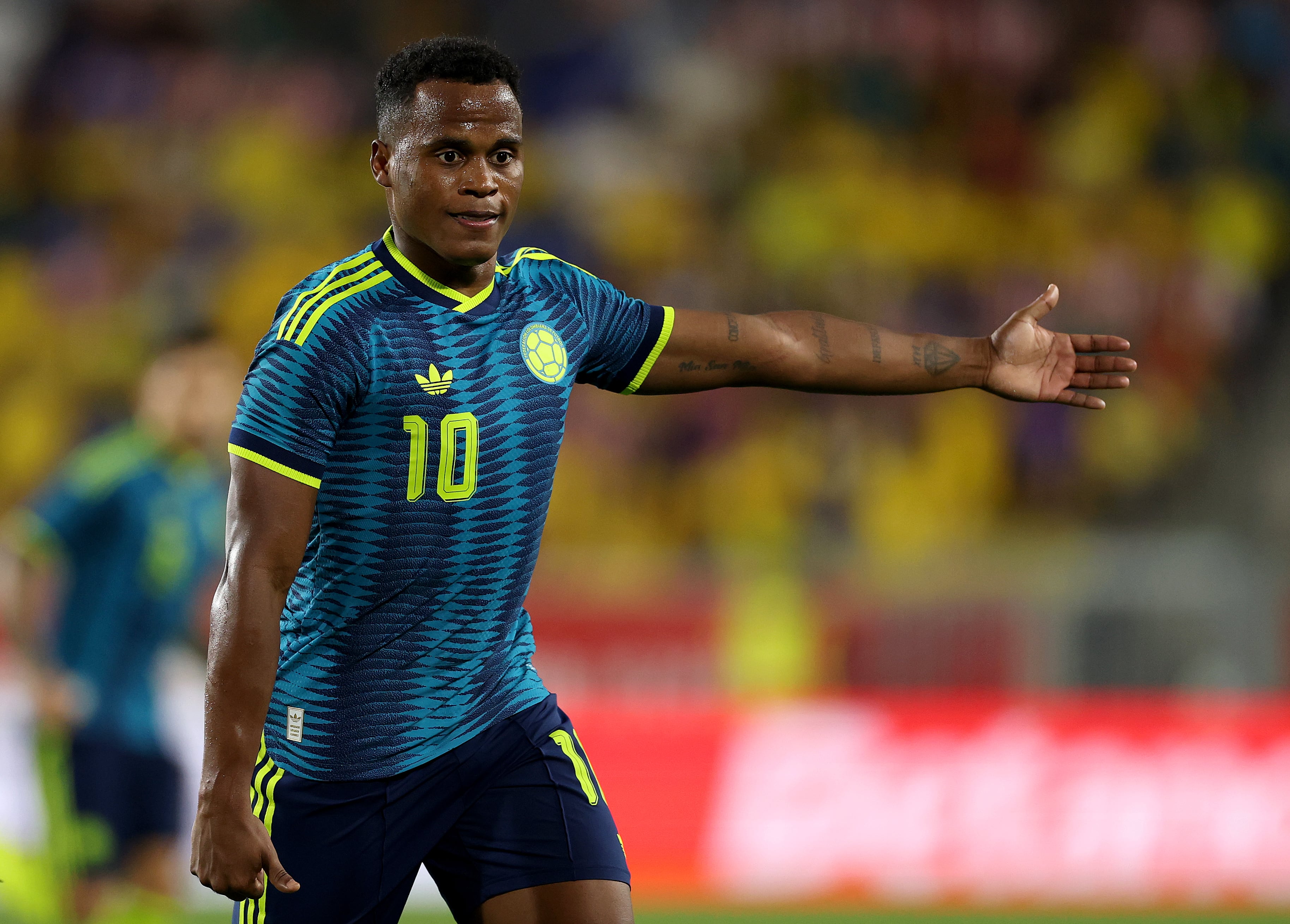 HARRISON, NEW JERSEY - OCTOBER 02: Jhon Arias #10 of Colombia reacts during the second half of an International Friendly match between Colombia and Paraguay at Sports Illustrated Stadium on October 02, 2026 in Harrison, New Jersey. Paraguay defeated Colombia 1-0. (Photo by Elsa/Getty Images)