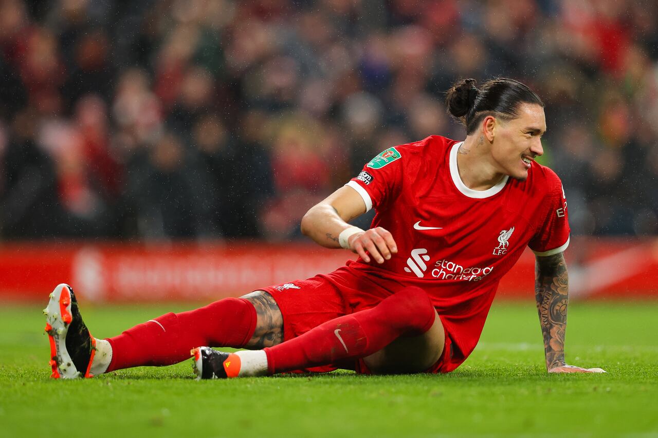 LIVERPOOL, ENGLAND - DECEMBER 20: Darwin Nunez of Liverpool during the Carabao Cup Quarter Final match between Liverpool and West Ham United at Anfield on December 20, 2023 in Liverpool, England. (Photo by James Gill - Danehouse/Getty Images)