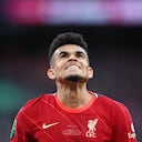 LONDON, ENGLAND - FEBRUARY 27: Luis Diaz of Liverpool reacts during the Carabao Cup Final match between Chelsea and Liverpool at Wembley Stadium on February 27, 2022 in London, England. (Photo by Michael Regan/Getty Images)