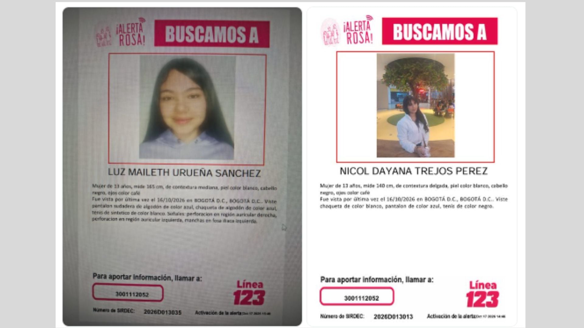 Menores desaparecidas en colegio en Kennedy.
Las fotos de las menores se publican  en cumplimiento de la función social de los medios de visualizar la información para encontrarlas