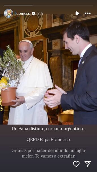 La despedida de Lionel Messi al papa Francisco a través de sus historias de Instagram.