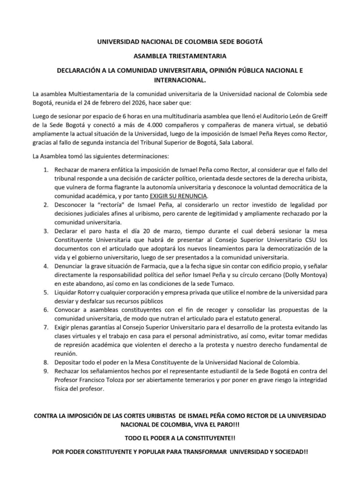 Comunicado oficial para Universidad Nacional.