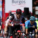 ARANDA DE DUERO, SPAIN - AUGUST 06: Juan Sebastián Molano Benavides of Colombia and UAE Team Emirates celebrates at finish line as stage winner during the 43rd Vuelta a Burgos 2021, Stage 4 a 149km stage from Roa to Aranda de Duero / #VueltaBurgos / #BurgosCycling / #CapitalMundialdelCiclismo / on August 06, 2021 in Aranda de Duero, Spain. (Photo by Gonzalo Arroyo Moreno/Getty Images)