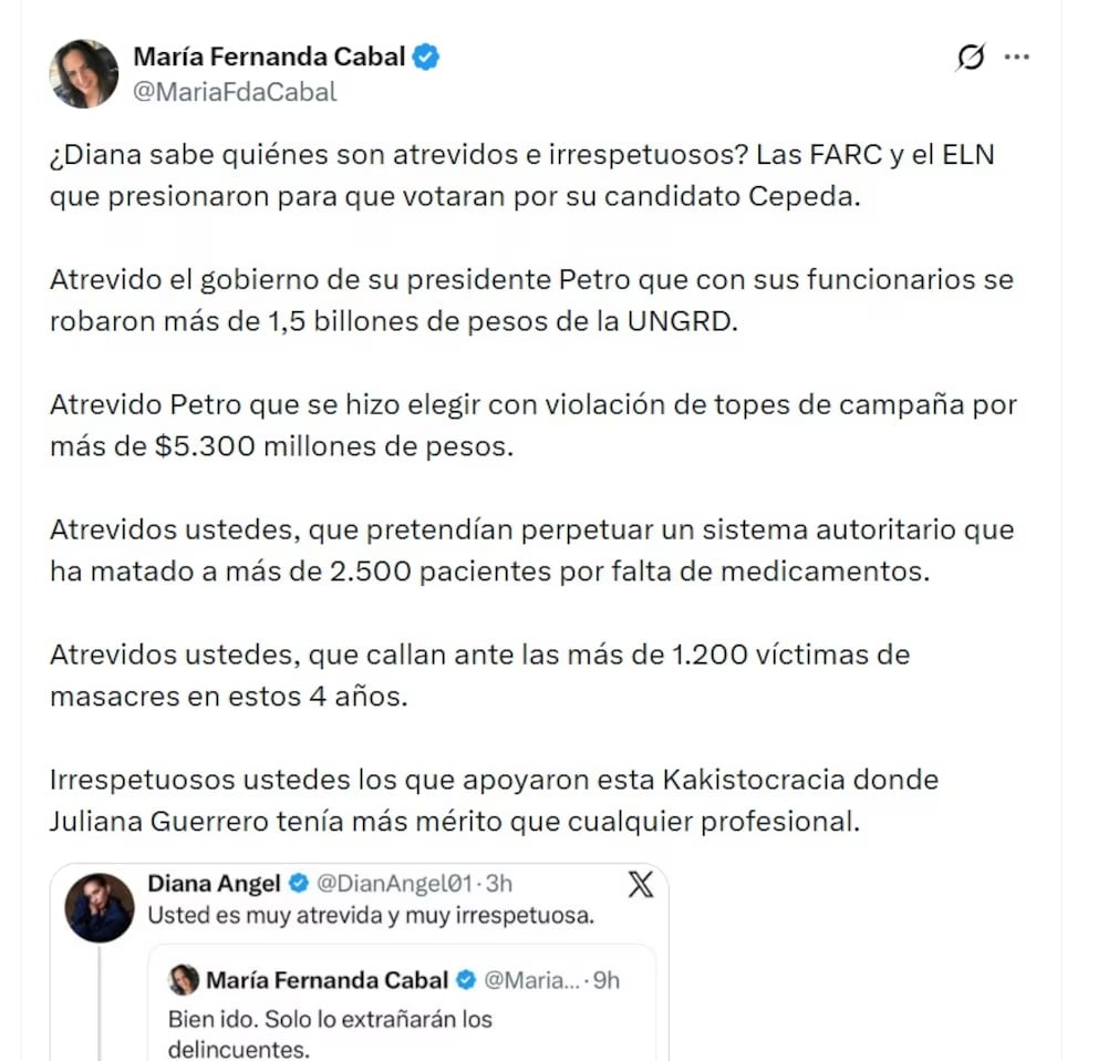 Maria Fernanda Cabal en su cuenta de X