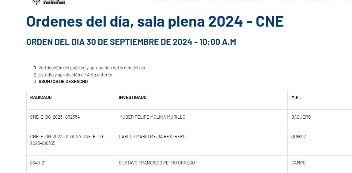 Orden del Día de este lunes 30 de septiembre en la sala plena del Consejo Nacional Electoral (CNE)