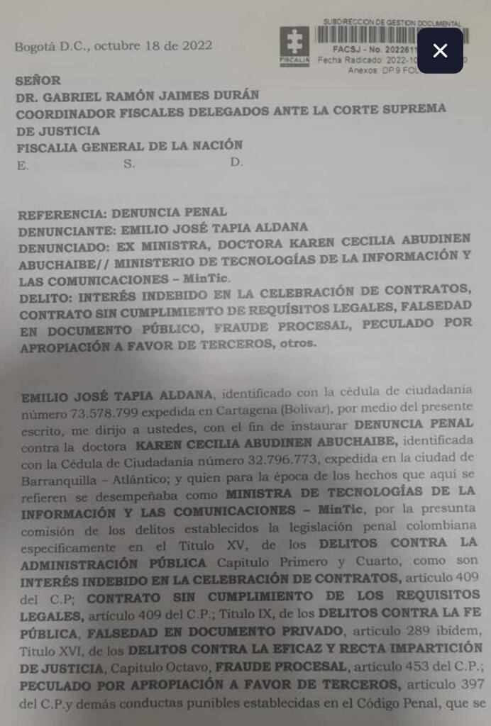 La denuncia de Emilio Tapia contra la exministra Abudinen