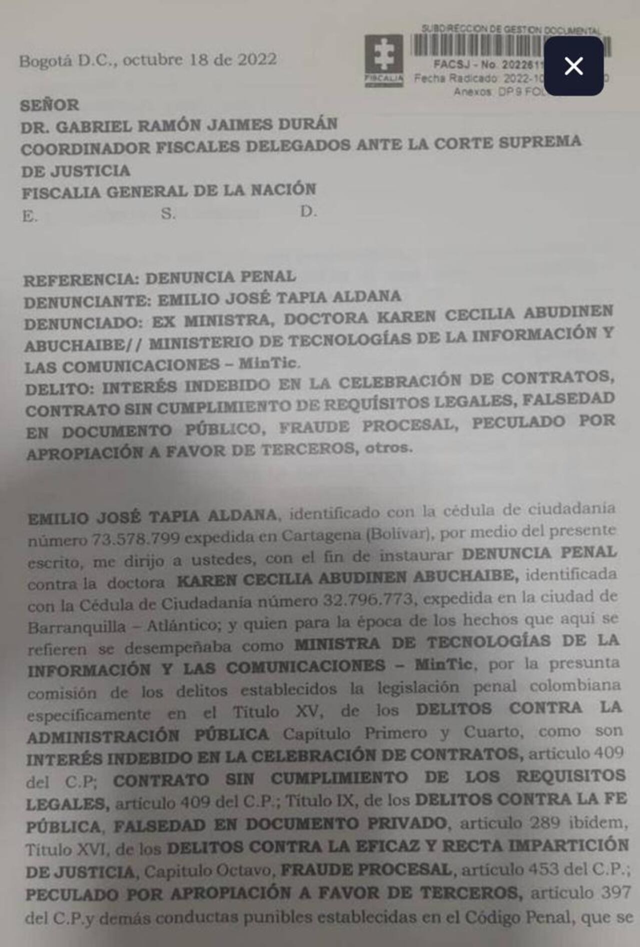 La denuncia de Emilio Tapia contra la exministra Abudinen