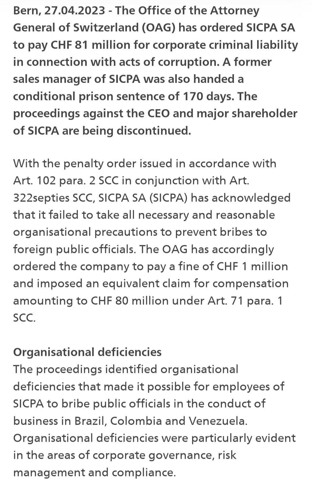 La Fiscalía condenó a los directivos de la empresa de seguridad SICPA al pago de 90,6 millones de dólares por el pago de sobornos.