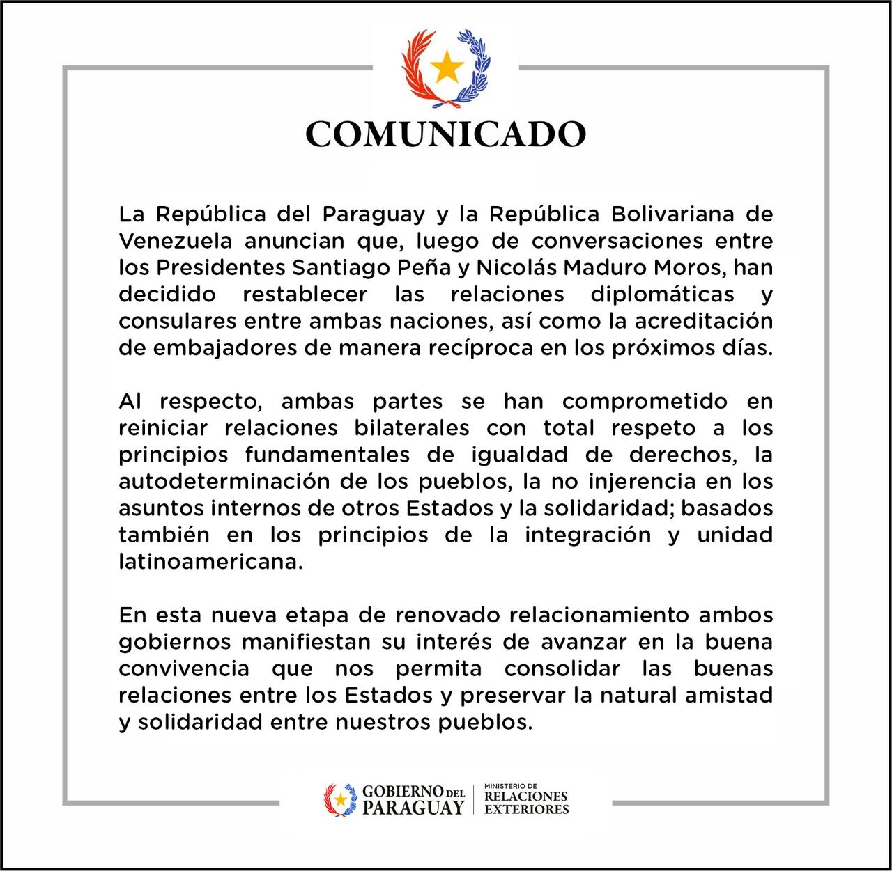 El comunicado fue emitido por el Ministerio de Relaciones Exteriores de Paraguay