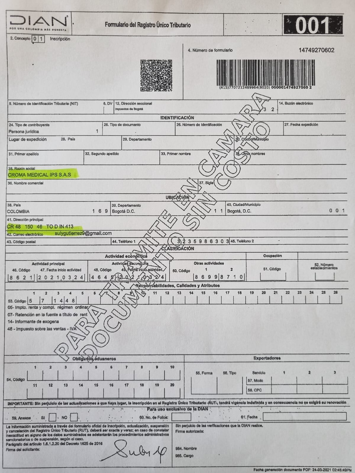 La coincidencia en la dirección de Innova SG y Croma Medical IPS, dejaría clara la relación de las empresas que participaron en la licitación.